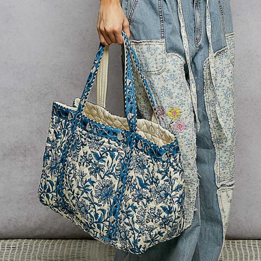 POL Ivory Blue Floral Quilted Tote Bag Block Print Cotton Boho Market Beach Bag